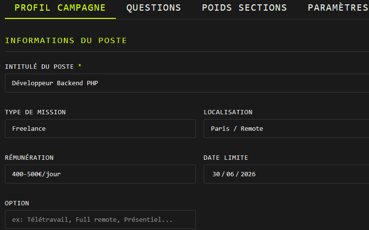 Dashboard recruteur avec scoring automatique des candidatures