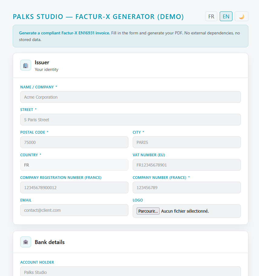 Invoice generation form — Palks Studio