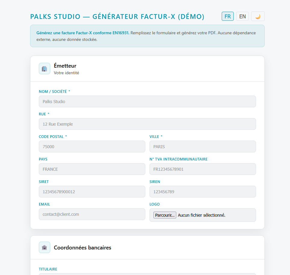 Formulaire de génération de facture — Palks Studio