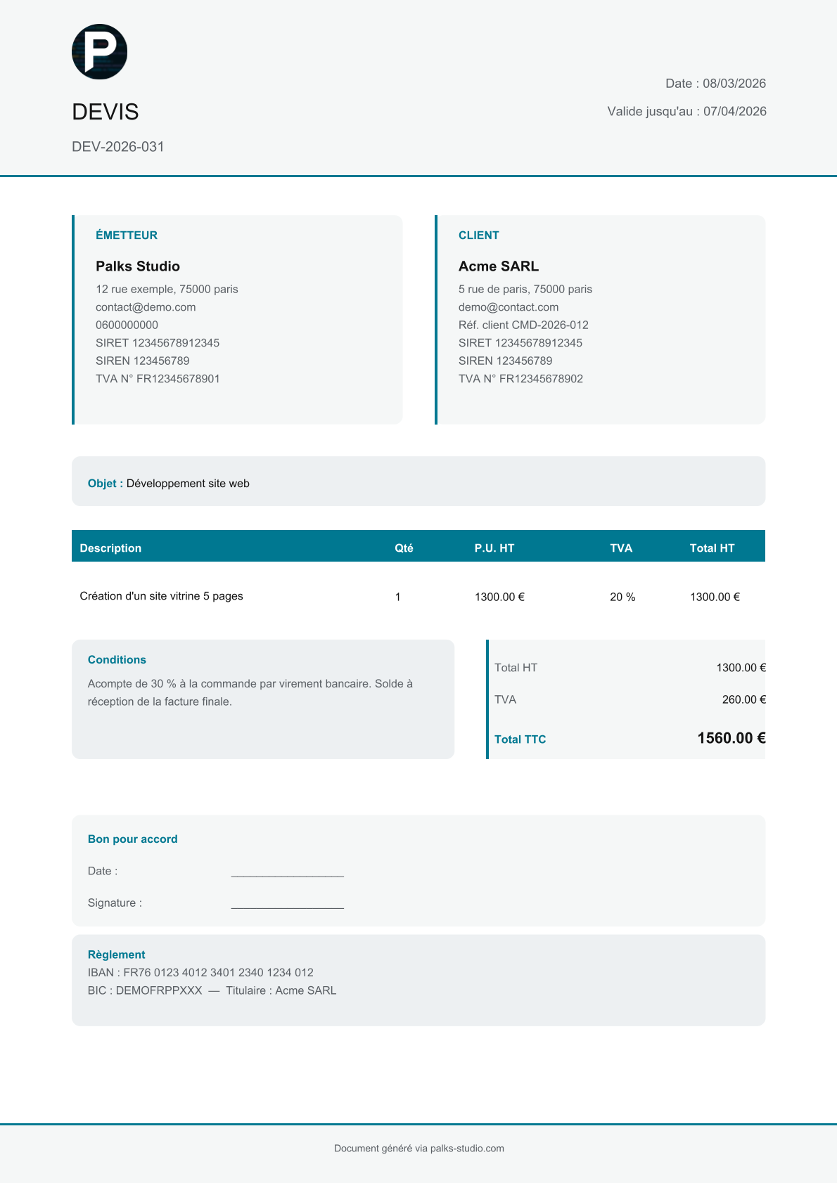 Devis PDF — Palks Studio