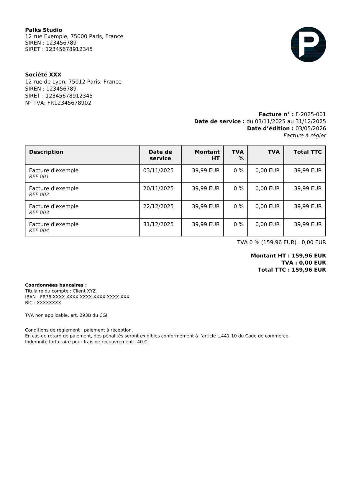 Exemple de facture Factur-X — sans TVA