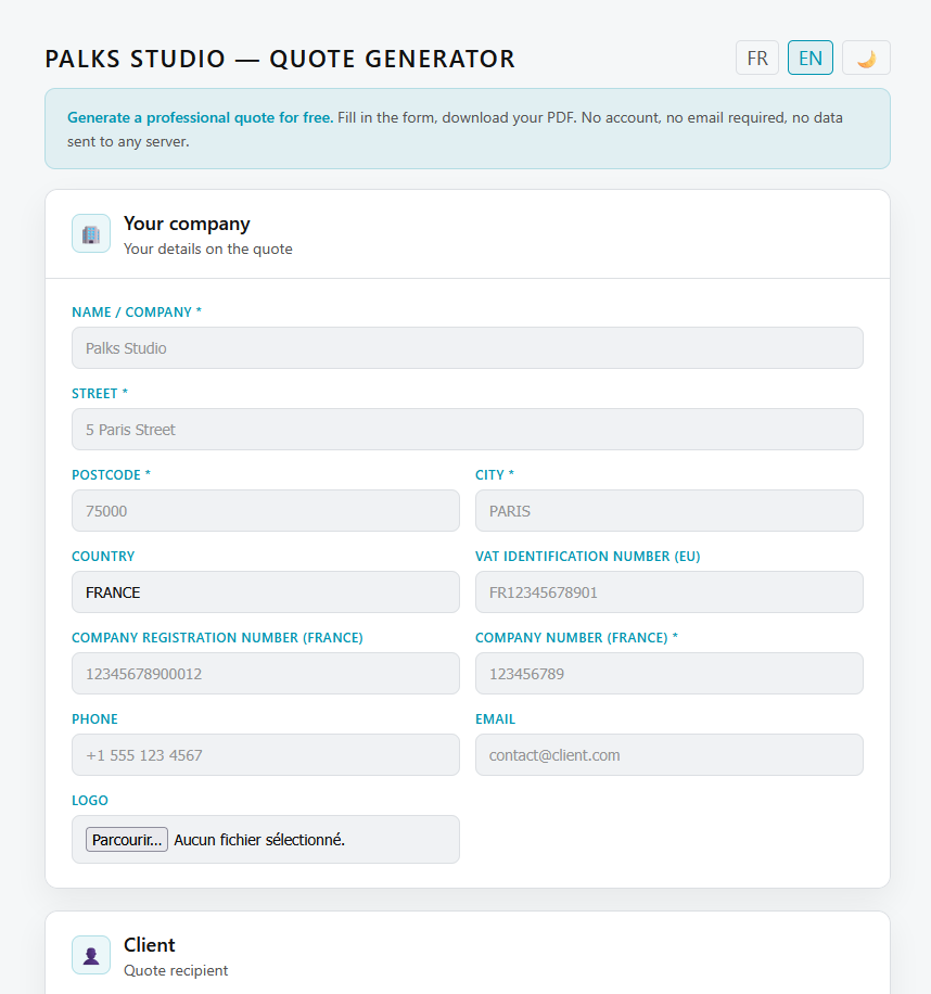 Quote generator form — Palks Studio