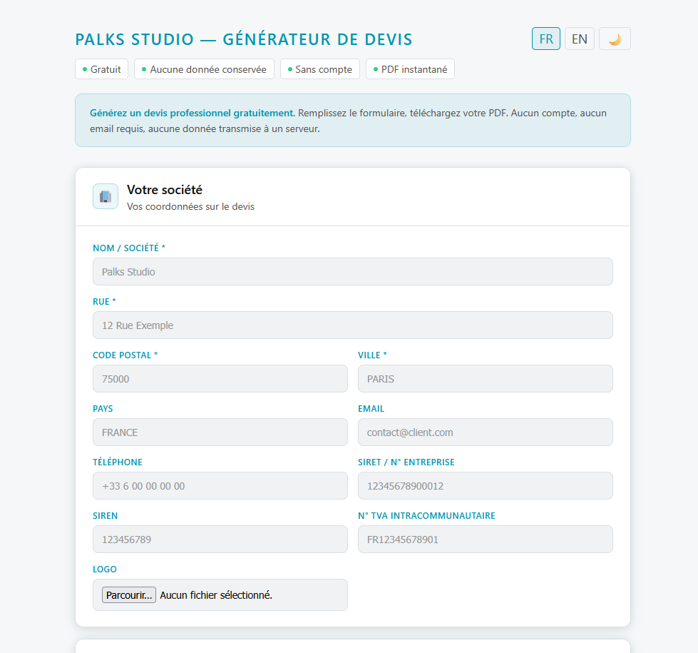 Formulaire du générateur de devis — Palks Studio
