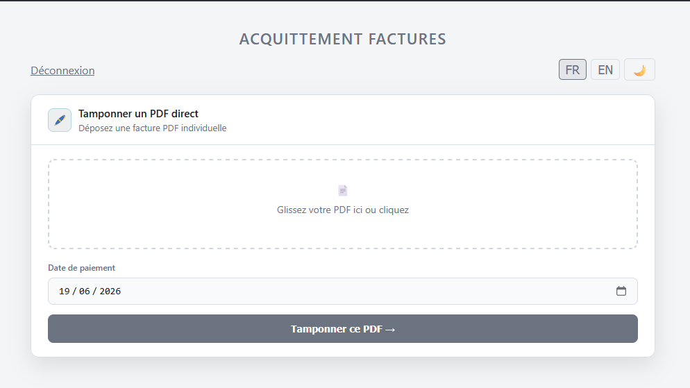 Interface Invoice Stamper pour tamponner une facture PDF