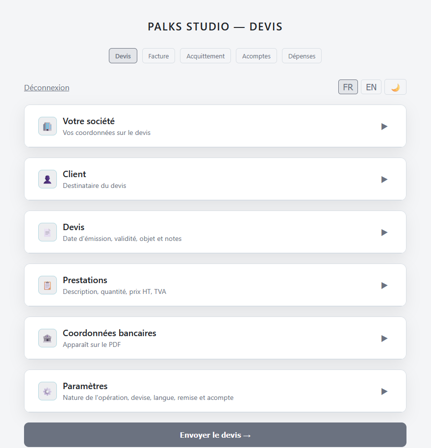 Interface du système de facturation autonome